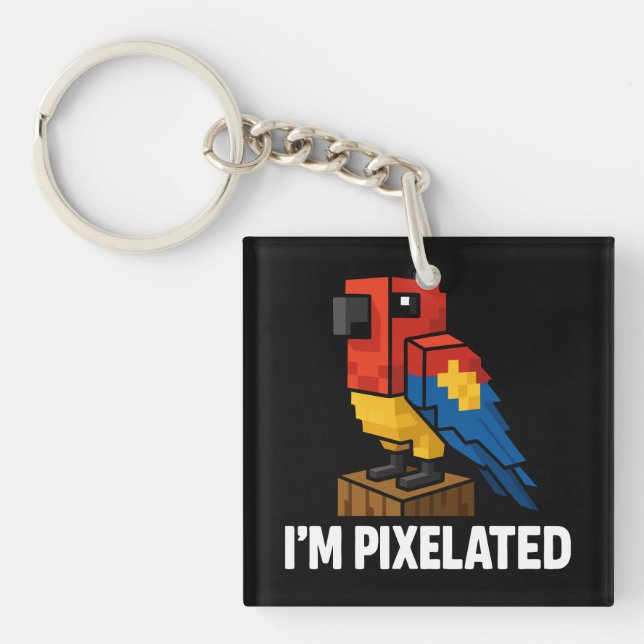 Blocky Jungle Parrot Pixelated Parrot Pixel Art Keychain (Front)