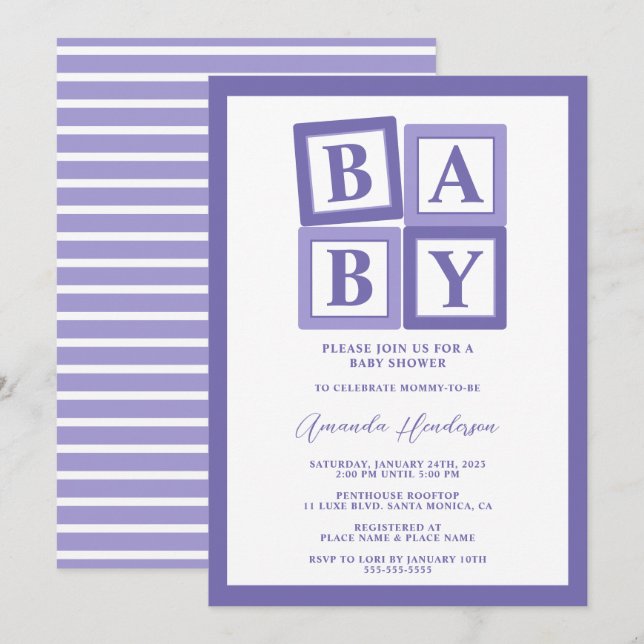 Blocs de bébé pourpre Invitation Baby shower fille (Devant / Derrière)