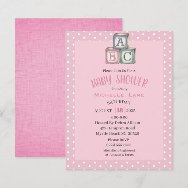 Blocs de bébé rose et blanc Invitation à la douche (Devant / Derrière)