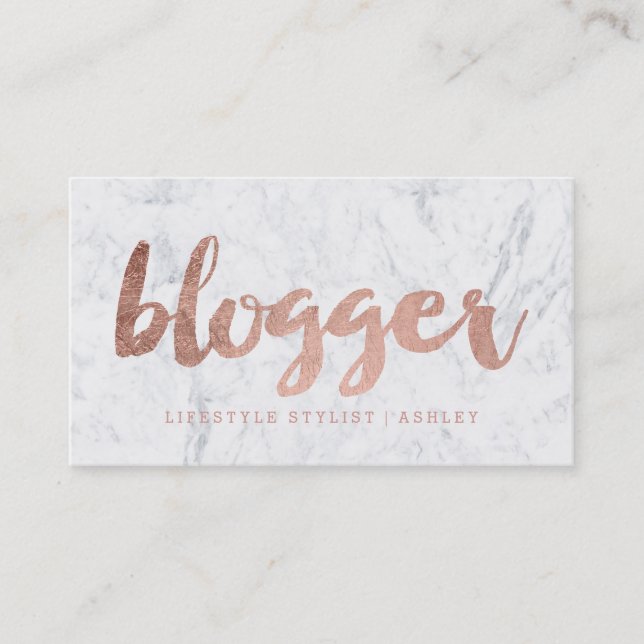Blogger modern rose gold typography marble business card (Front)