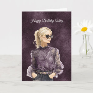 Blond Female Sunglasses Purple Blouse Birthday Card