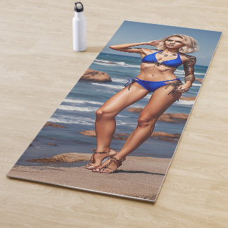 Blond fitness bikini girl posing Yoga Mat
