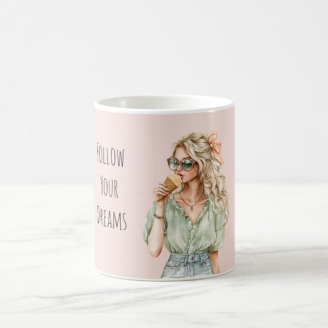 Blond Girl Peach Bow Ice Cream Cone Coffee Mug (Center)