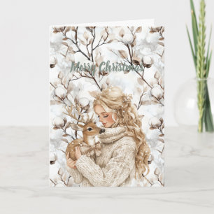 Blond Hair Girl with Deer Christmas Card
