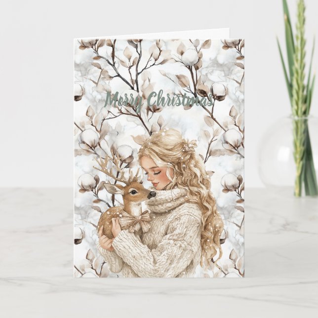 Blond Hair Girl with Deer Christmas Card (Front)