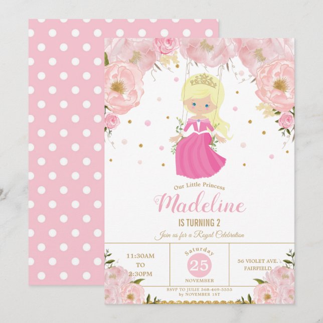 Blond Princess Pink Floral Birthday Party Invitation (Front/Back)