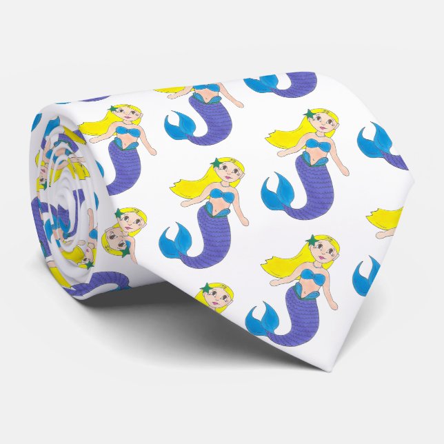 Blond Swimming Mermaid Girl Purple Tail Ocean Sea Tie (Rolled)