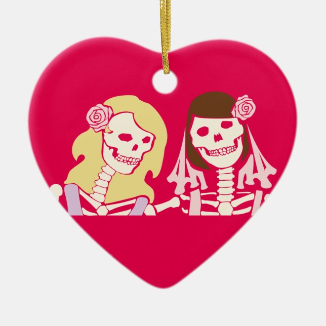 Blonde and Brunette Female Skeleton Couple Ceramic Ornament (Front)