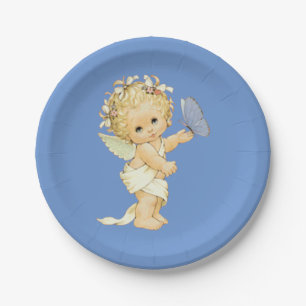 Blonde Angel baby with a butterfly. Paper Plate