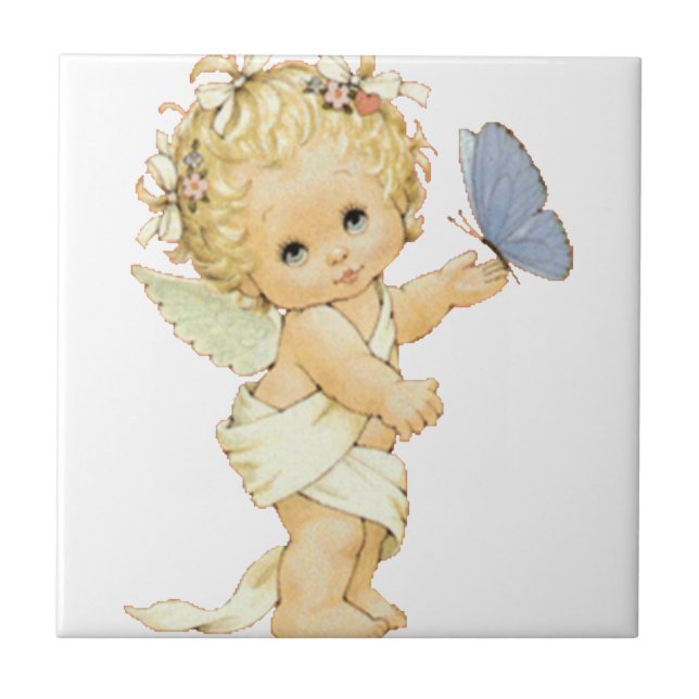Blonde Angel baby with a butterfly. Tile (Front)