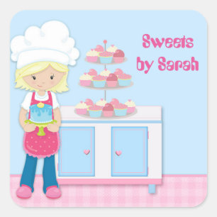 Blonde Baker, Chef Hat, Pink Square Sticker