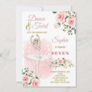 Blonde Ballerina in White Dress Floral Birthday Invitation