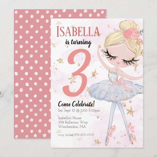 Blonde Ballerina Invitation de fête d'anniversaire (Devant / Derrière)