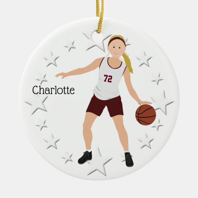 Blonde Basketball Girl In Maroon And White Ceramic Ornament (Front)