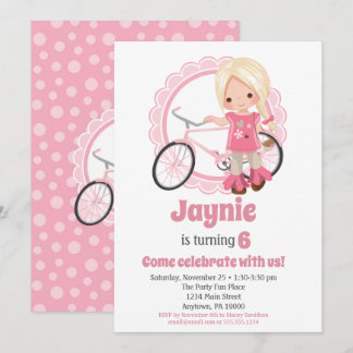 Blonde Bicycle Girl Birthday Invitation