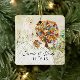 Blonde Birde's 1st Christmas Flower Tree Design Ceramic Ornament