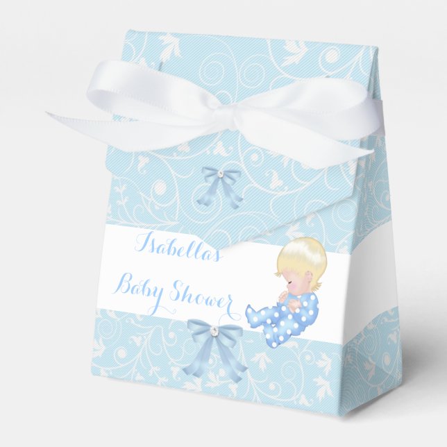 Blonde Boy Baby Shower Blue Cute Baby Favour Favor Box (Front Side)