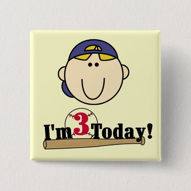 Blonde Boy Baseball 3rd Birthday 2 Inch Square Button (Front)