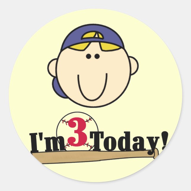 Blonde Boy Baseball 3rd Birthday Classic Round Sticker (Front)