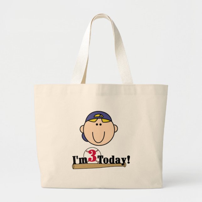 Blonde Boy Baseball 3rd Birthday Large Tote Bag (Front)