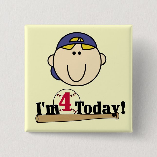 Blonde  Boy Baseball 4th Birthday 2 Inch Square Button (Front)