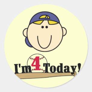 Blonde  Boy Baseball 4th Birthday Classic Round Sticker