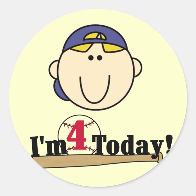 Blonde  Boy Baseball 4th Birthday Classic Round Sticker (Front)
