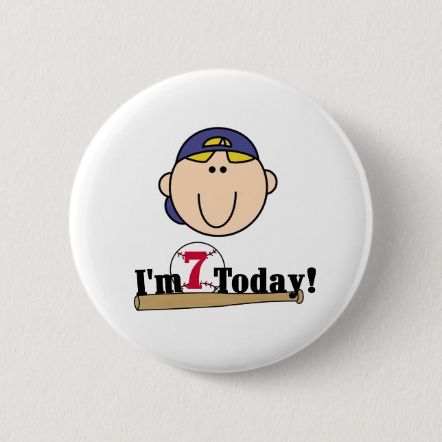 Blonde Boy Baseball 7th Birthday 2 Inch Round Button (Front)