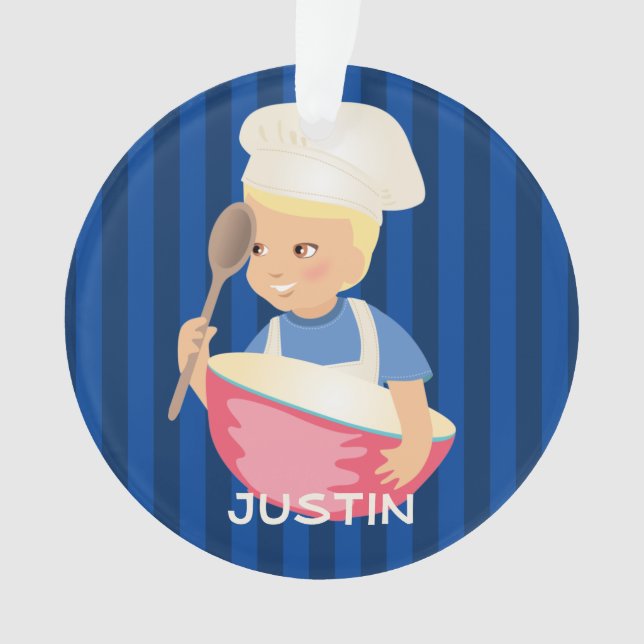 Blonde boy chef hat mixing bowl personalized ornament (Front)
