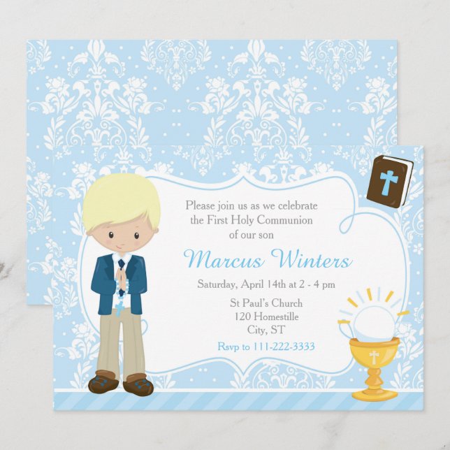 Blonde Boy First Communion Damask Invitation (Front/Back)