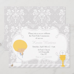 Blonde Boy First Communion Damask Invitation