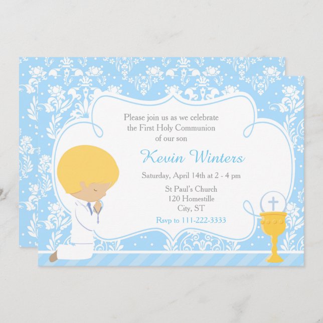 Blonde Boy First Communion Damask Invitation (Front/Back)