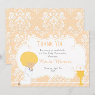 Blonde Boy First Communion Damask Thank You Card