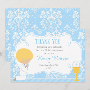 Blonde Boy First Communion Damask Thank You Card