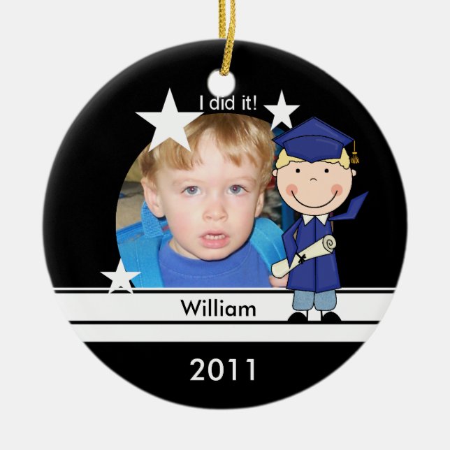 Blonde Boy Graduate Customized Photo Keepsake Ceramic Ornament (Front)