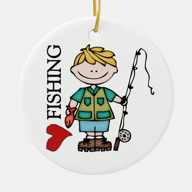 Blonde Boy I Love Fishing Ceramic Ornament (Front)