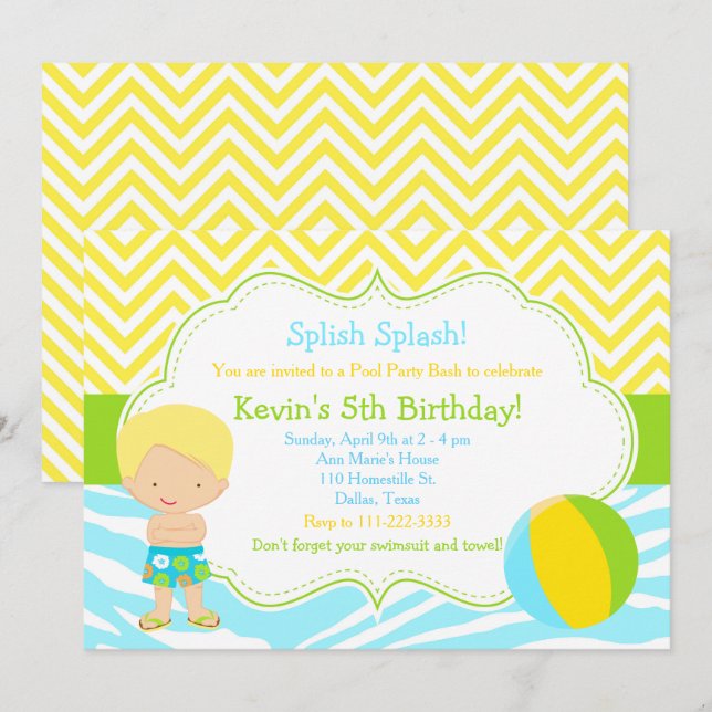 Blonde Boy Pool Party Bash Party Invitation (Front/Back)