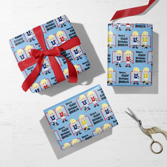 Blonde Boy Soccer Personalized Wrapping Paper Sheet (Creator Uploaded)