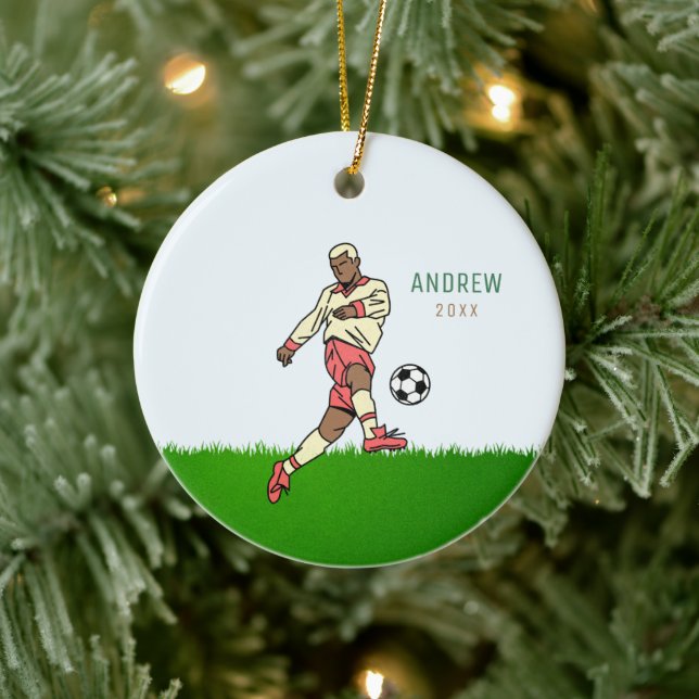 Blonde Boy Soccer Player Kid Name Year Dated Sport Ceramic Ornament (Tree)