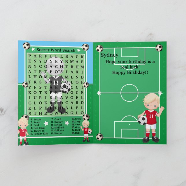 Blonde Boys Soccer Word Search Happy Birthday Card (Inside)