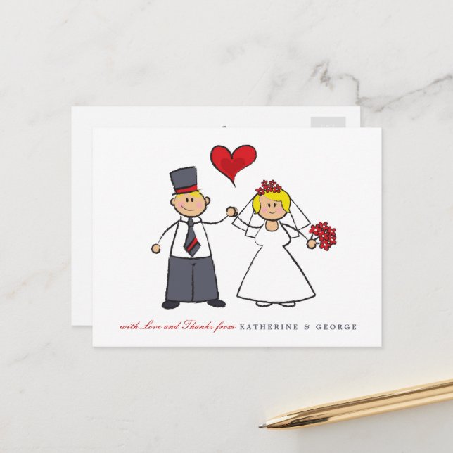 Blonde Cartoon Couple Mr & Mrs Wedding Thank You Postcard (Front/Back In Situ)