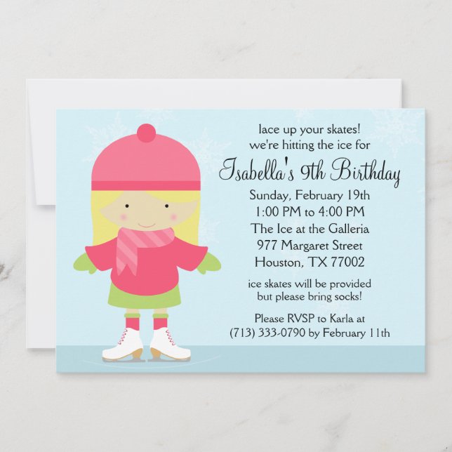 Blonde Caucasion Ice Skating Birthday Party Invitation (Front)