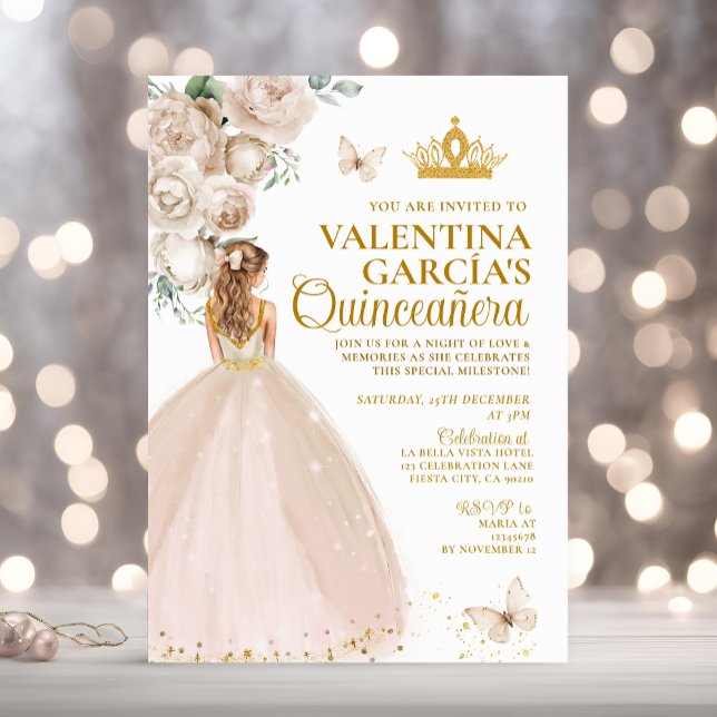 Blonde Champagne Quinceañera 15 Anos Gold Crown Invitation (Creator Uploaded)