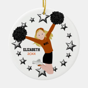 Blonde Cheerleader Pom Poms in Orange & Black Ceramic Ornament