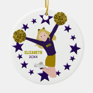Blonde Cheerleader Pom Poms In Purple & Gold Ceramic Ornament