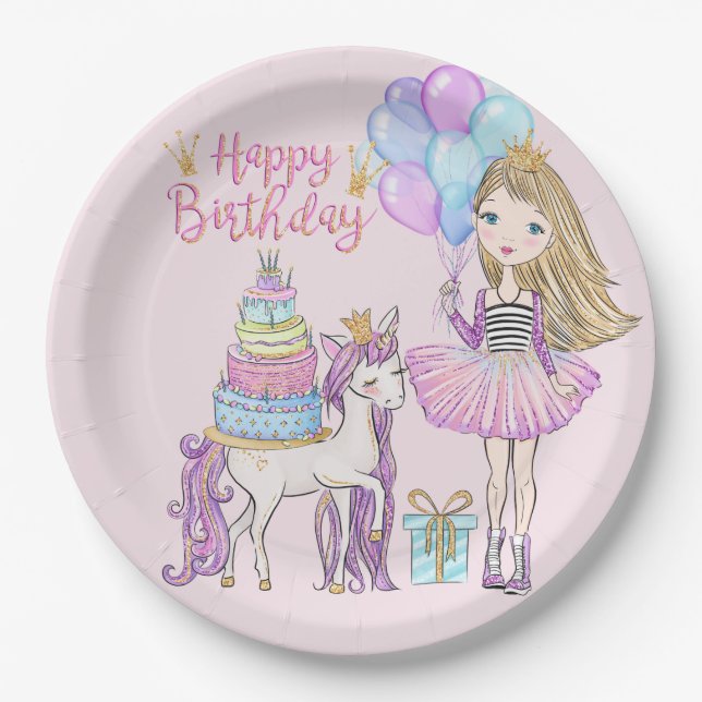 Blonde Cool Girl Modern Unicorn Princess Birthday Paper Plate (Front)