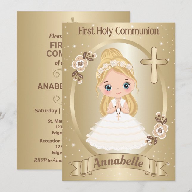 Blonde Cute Girl First Holy Communion Invitation (Front/Back)