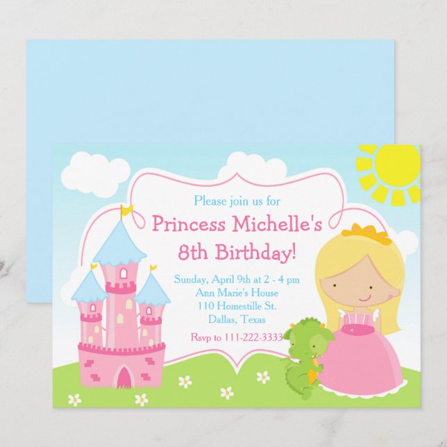 Blonde Cute Princess and Dragon Birthday Party Invitation (Front/Back)