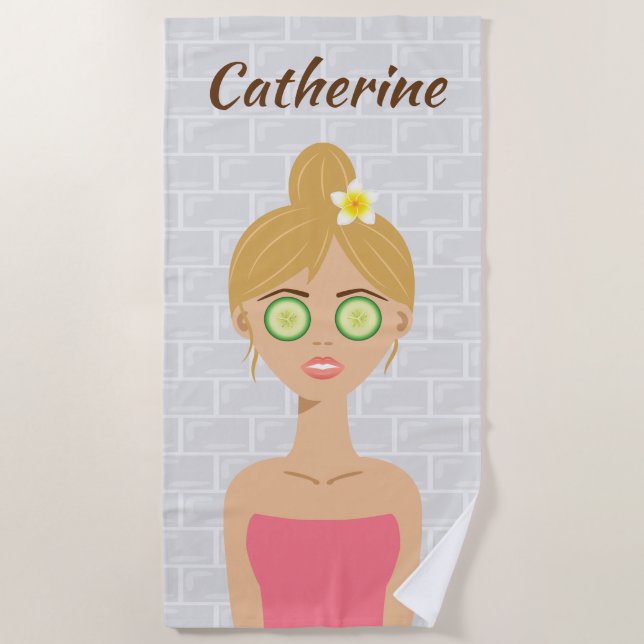 Blonde Cute Spa Girl With Cucumbers On Her Eyes Beach Towel (Front)