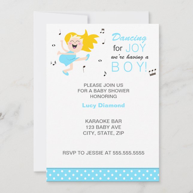Blonde Dancing for joy blue modern boy baby shower Invitation (Front)